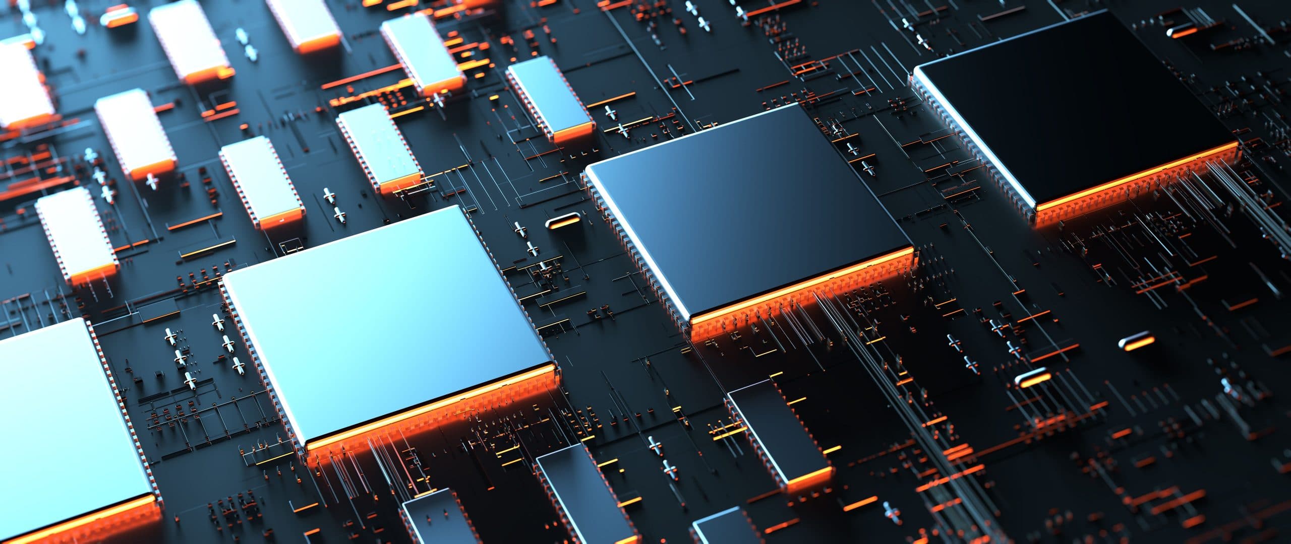 Close-up of a computer circuit board with microchips and glowing pathways.