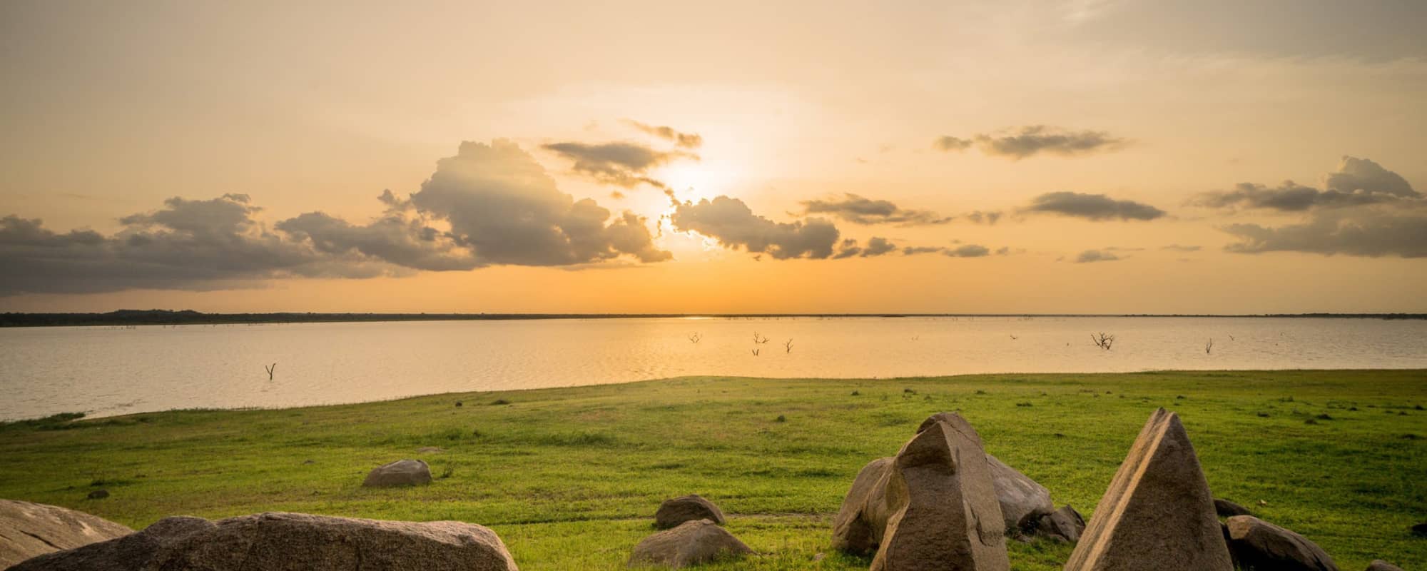 Sunset over a grassy lakeside with rocks in the foreground and clouds in the sky.