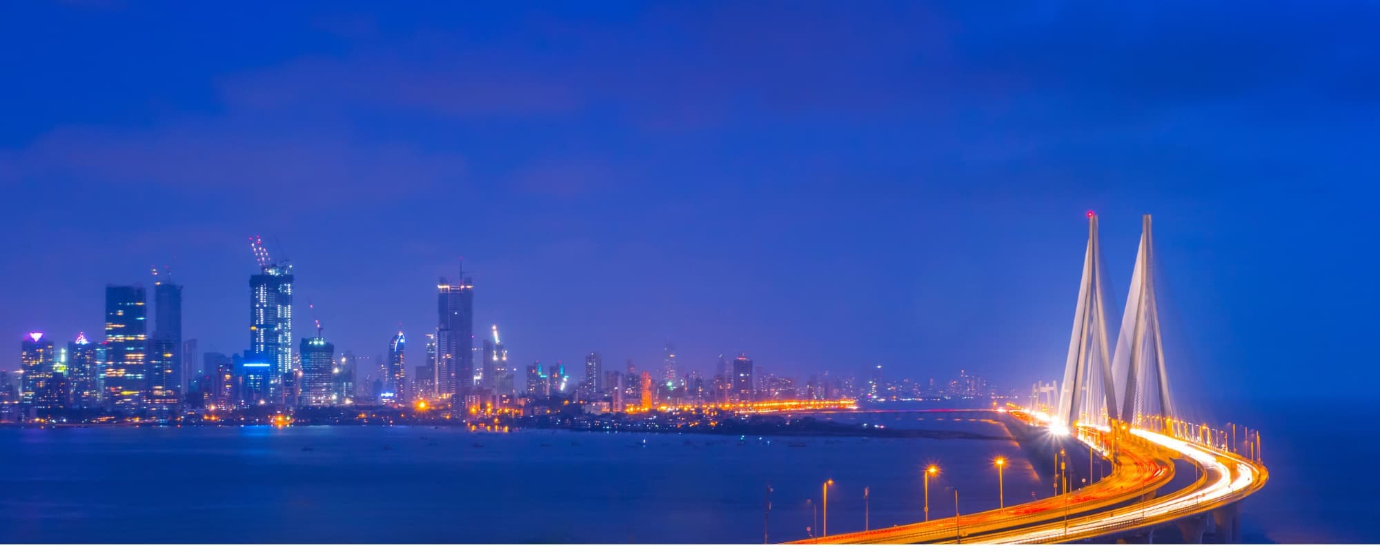 Cityscape with a modern bridge and illuminated skyline at dusk.