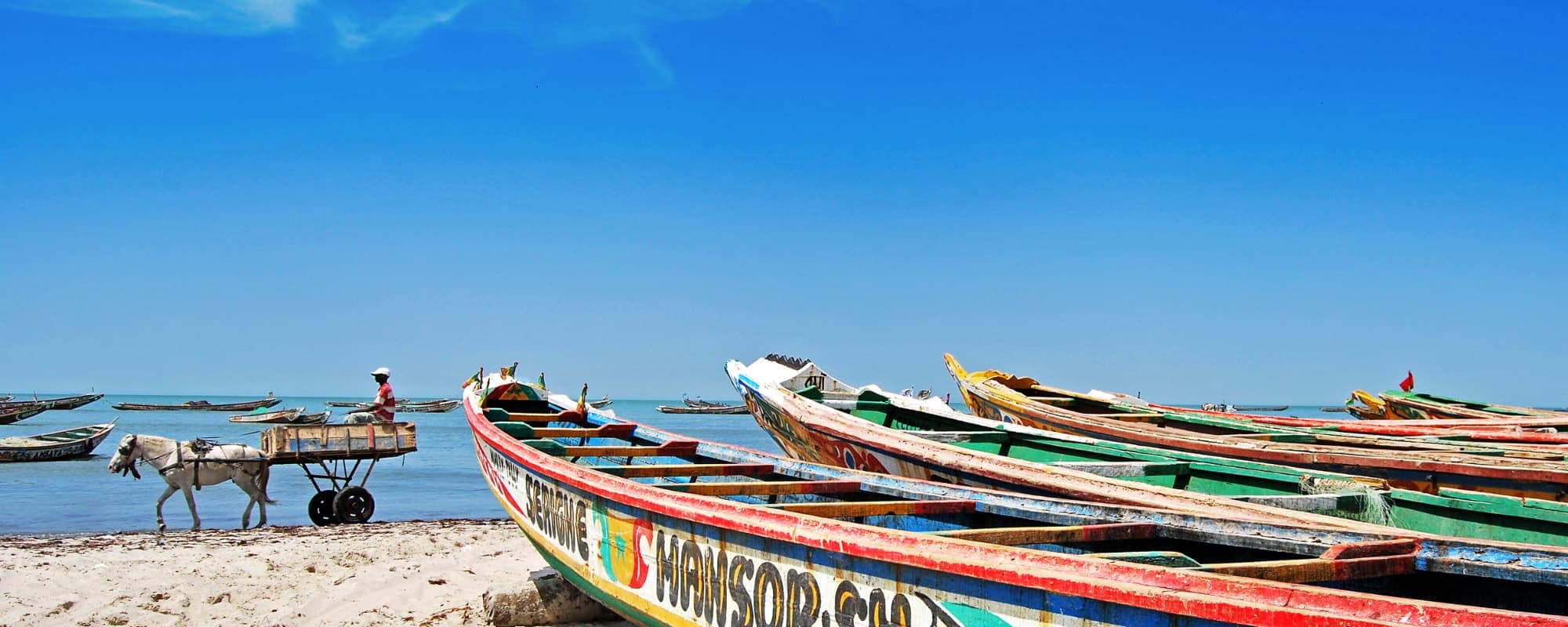 Colorful wooden boats lined up on a sandy beach, with a horse-drawn cart nearby and a tranquil ocean in the background.
